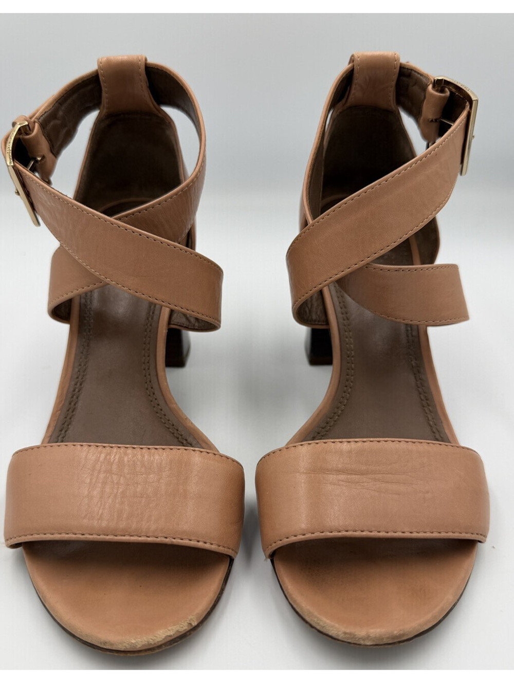 Tory Burch Women's Size 7M Tan Leather Criss Cross Ankle Strap Block Heel Sandal